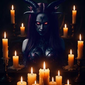 Pode incluir: Uma figura com cabelo escuro e chifres proeminentes, apresentando olhos vermelhos brilhantes e um símbolo na testa, está posicionada atrás de uma coleção de numerosas velas de pilar acesas de vários tamanhos, criando uma luz quente e tremeluzente.