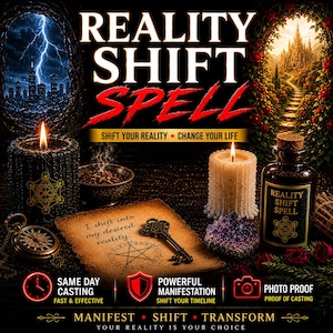 May include: A digital graphic titled REALITY SHIFT SPELL featuring a black candle with a gold geometric design, a white candle, a brown bottle with a cork, a vintage pocket watch, a key, and a parchment paper with the text I shift into my desired reality.
