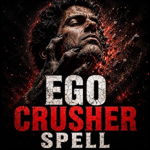 May include: A dark, dramatic graphic featuring a person with cracked, earth-like skin texture, touched by a hand with long black claws. The text EGO CRUSHER SPELL is displayed in bold, white and red cracked lettering against a black background.