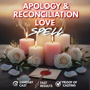 Pode incluir: Quatro velas de pilar acesas em tons de rosa e branco rodeadas por rosas brancas e pétalas espalhadas. Um envelope selado com um selo de cera vermelha está em primeiro plano. Texto: APOLOGY & RECONCILIATION LOVE SPELL, 24 HOURS SAMEDAY CAST, FAST RESULTS, PROOF OF CASTING.