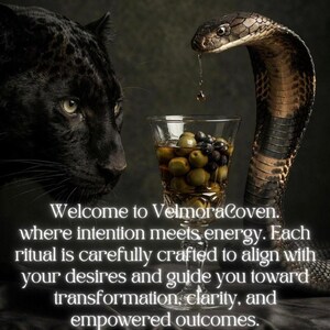May include: A black panther and a cobra positioned beside a glass goblet filled with green and dark purple olives. A single drop of liquid falls from the cobra's mouth into the glass. Text reads: Welcome to VelmoraCoven. where intention meets energy.