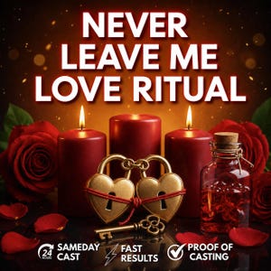 May include: Three red pillar candles, two heart-shaped gold padlocks tied with red string, a gold key, and a glass bottle filled with red liquid. The text reads NEVER LEAVE ME LOVE RITUAL, 24 HOURS SAMEDAY CAST, FAST RESULTS, and PROOF OF CASTING.