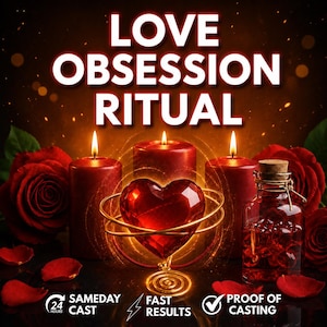 Puede incluir: Un gráfico digital con el texto LOVE OBSESSION RITUAL, tres velas de pilar rojas, un corazón rojo facetado y una botella de vidrio llena de cuentas rojas. Rosas rojas y pétalos rodean los elementos, con el texto 24 HOURS SAMEDAY CAST, FAST RESULTS y PROOF OF CASTING en la parte inferior.