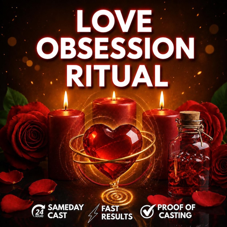 May include: A digital graphic featuring the text LOVE OBSESSION RITUAL, three red pillar candles, a faceted red heart, and a glass bottle filled with red beads. Red roses and petals surround the items, with text at the bottom reading 24 HOURS SAMEDAY CAST, FAST RESULTS, and PROOF OF CASTING.