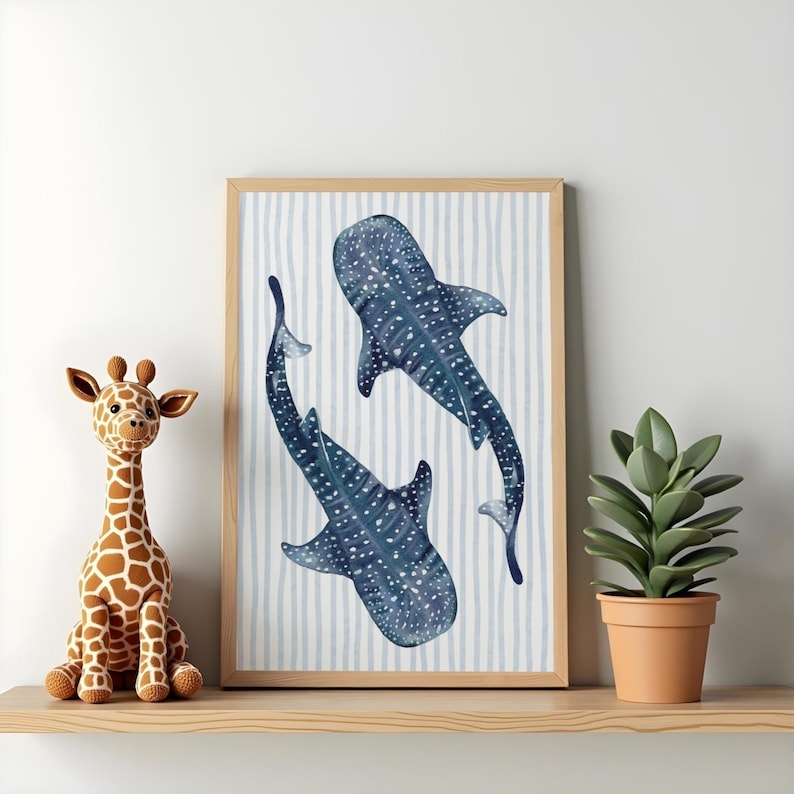 Whale Shark Art Print, Ocean Nursery Wall Decor, Blue Striped Coastal ...