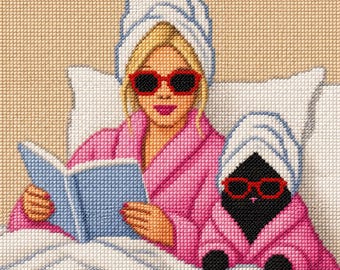 Anpassad nålstickad kanvas med flicka och husdjur – självstygnande design (anpassningsbar)