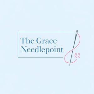 May include: A logo on a light blue background featuring the text The Grace Needlepoint inside a thin blue rectangular frame. To the right of the frame is a grey sewing needle with a pink thread forming a loop and four small pink cross stitches.