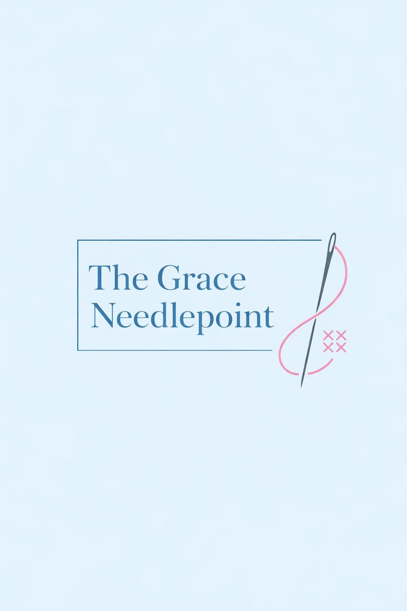 May include: A logo on a light blue background featuring the text The Grace Needlepoint inside a thin blue rectangular frame. To the right of the frame is a grey sewing needle with a pink thread forming a loop and four small pink cross stitches.