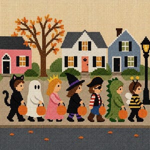 May include: A cross-stitch pattern depicting seven children in Halloween costumes walking in a line on a sidewalk in front of three houses. The costumes include a black cat, ghost, princess, witch, pirate, green dragon, and a bumblebee, each holding a pumpkin bucket.