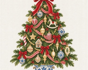 May include: A cross-stitch pattern of a green Christmas tree in a blue and white patterned planter. The tree is decorated with red bows, gold and blue ornaments, a rocking horse, a gingerbread house, and a gold star garland.