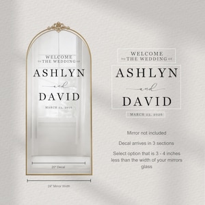 May include: A gold-framed mirror with the text "WELCOME TO THE WEDDING OF ASHLYN and DAVID MARCH 23, 2026". The decal is 50.8 cm wide and the mirror width is 61 cm. The mirror is not included.
