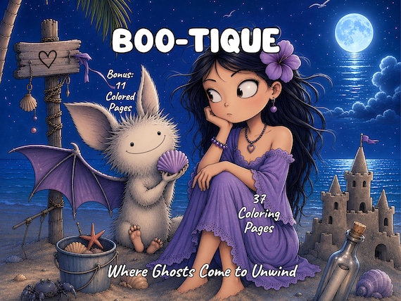 Boo-Tique Ghost Coloring Book, 37 Spooky Beach Vacation Coloring Pages for Adults & Teens, 11 Bonus Pages, Printablе PDF, Instant Download