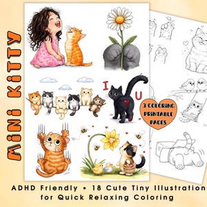 Puede incluir: Páginas para colorear imprimibles con ilustraciones de gatos. Las páginas incluyen imágenes de gatos con una niña, una margarita y otras escenas lúdicas. El texto de la imagen dice "MINI KITTY" y "ADHD Friendly • 18 Cute Tiny Illustrations for Quick Relaxing Coloring."
