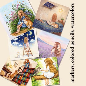 May include: A collection of watercolor illustrations featuring a young person with long hair and a cat in various settings. Scenes include a garden, a bedroom, a starry night, a lavender field, and a library. The text on the side reads: markers, colored pencils, watercolors.