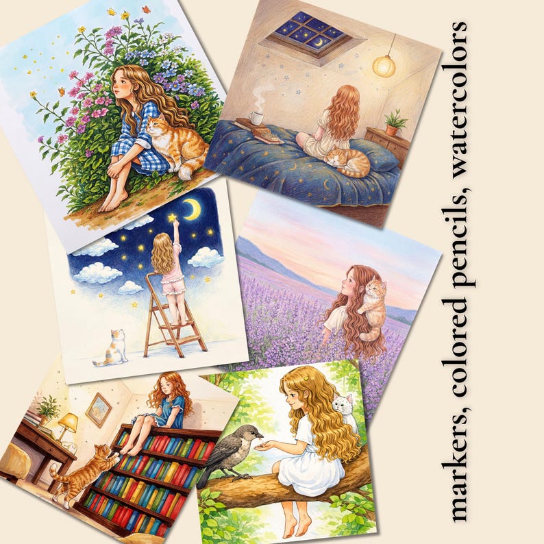 May include: A collection of watercolor illustrations featuring a young person with long hair and a cat in various settings. Scenes include a garden, a bedroom, a starry night, a lavender field, and a library. The text on the side reads: markers, colored pencils, watercolors.