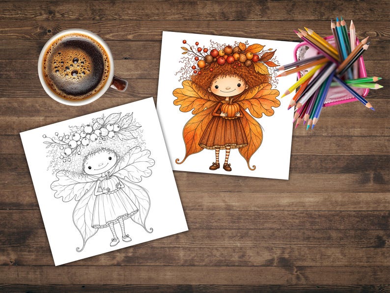 Op de afbeelding: Twee vierkante vellen papier met een fee-illustratie, &eacute;&eacute;n in zwart-wit lijntekening en &eacute;&eacute;n in kleur. De fee heeft krullend haar, bladvormige vleugels en houdt een pompoen vast. Een kop koffie en een houder met gekleurde potloden.