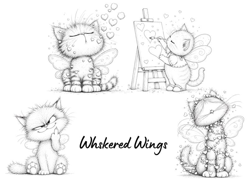 May include: A black and white line art illustration featuring four winged cats and the text Whiskered Wings. One cat is surrounded by hearts, another paints hearts on an easel, one makes a rude gesture, and the last is covered in heart garlands.