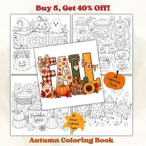 May include: A collection of printable colouring pages featuring autumn themes. The central image displays the word FALL in decorative patterns, surrounded by pumpkins and sunflowers. Other pages show ghosts, sweaters, mugs, and leaves.
