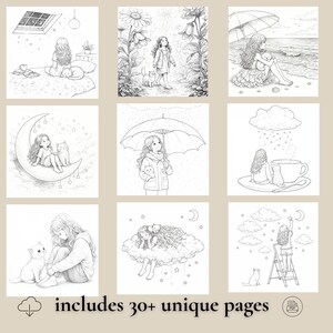 May include: A collection of nine black and white illustrations featuring a girl with a cat in various settings. The images include scenes with a moon, rain, and clouds. The text "includes 30+ unique pages" is at the bottom.