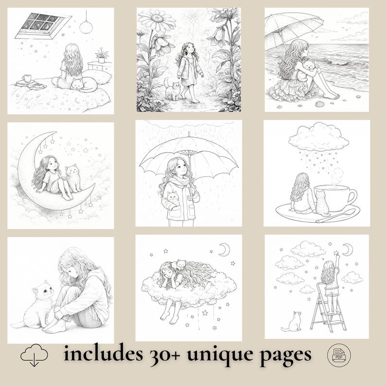 May include: A collection of nine black and white illustrations featuring a girl with a cat in various settings. The images include scenes with a moon, rain, and clouds. The text "includes 30+ unique pages" is at the bottom.