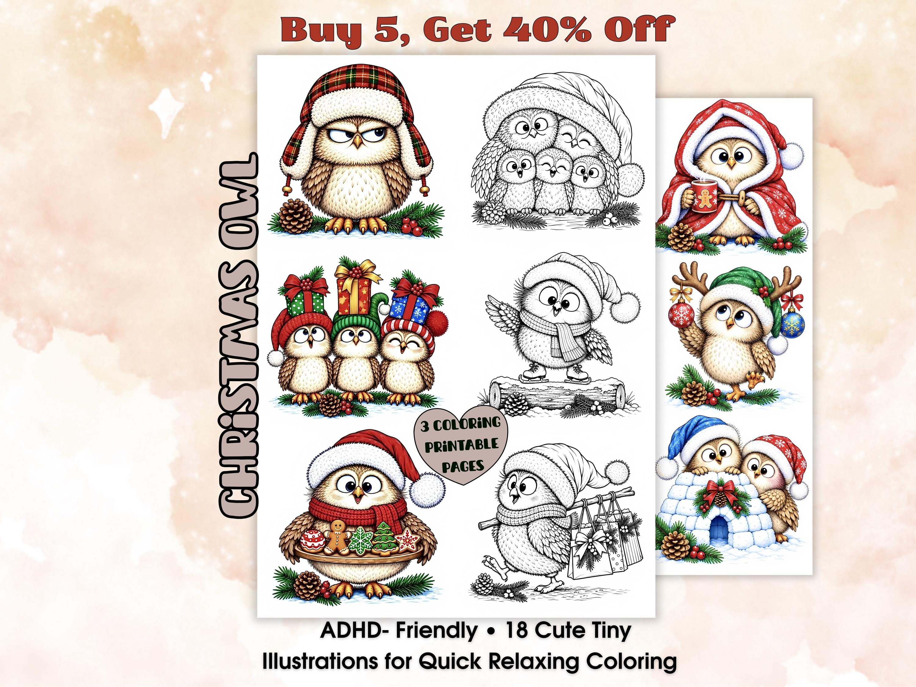 Christmas Owl Coloring Pages for Adults, Cozy Winter Owls Coloring Book, ADHD-Friendly, 18 Cute Tin