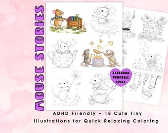 ADHD-Friendly Tiny Coloring Pages | 18 Mini Mouse Illustrations | Quick Relaxing Coloring | Cozy Printable Coloring Pages | For Kids &Adults