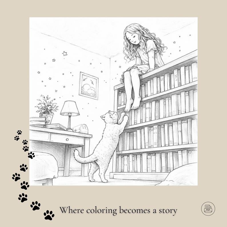 May include: Black and white illustration of a girl sitting on a bookshelf, reaching down to a cat. The cat is standing on its hind legs, reaching up towards the girl. The text "Where coloring becomes a story" is at the bottom.