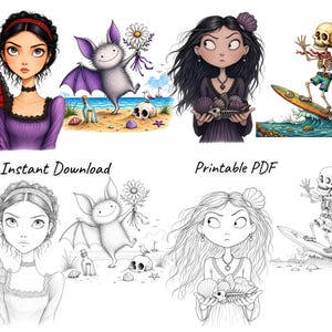 Peut inclure: Une collection num&eacute;rique de quatre illustrations montrant une personne avec un &eacute;ventail rouge, une chauve-souris sur une plage, une personne tenant des coquillages et un squelette surfant. En dessous figurent les versions en noir et blanc Instant Download et Printable PDF.