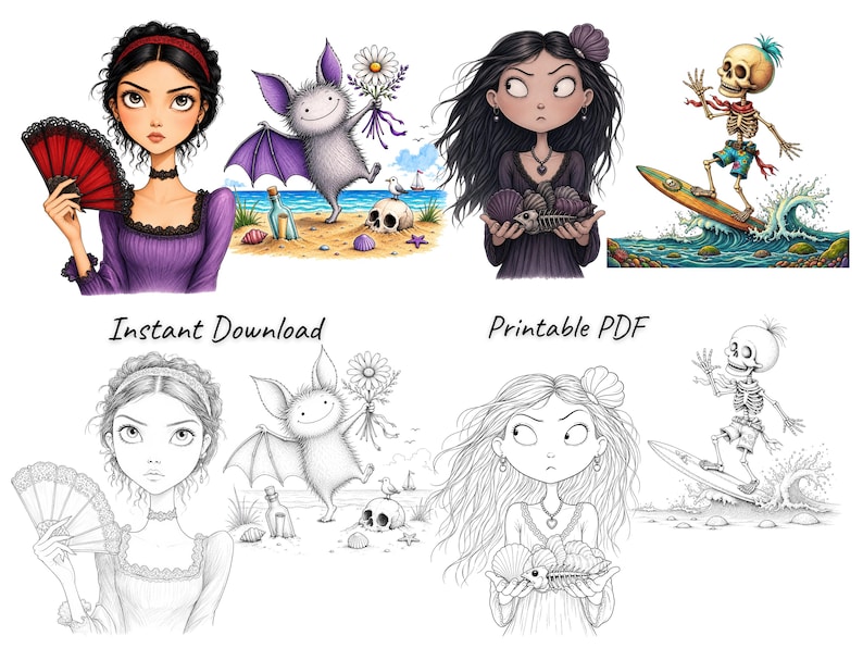 Peut inclure: Une collection num&eacute;rique de quatre illustrations montrant une personne avec un &eacute;ventail rouge, une chauve-souris sur une plage, une personne tenant des coquillages et un squelette surfant. En dessous figurent les versions en noir et blanc Instant Download et Printable PDF.