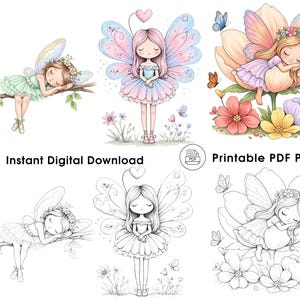 May include: A collection of six fairy illustrations featuring three colored designs and three matching black and white line art versions for coloring. The images depict fairies with wings, flowers, and branches. Text includes Instant Digital Download and Printable PDF Pages.