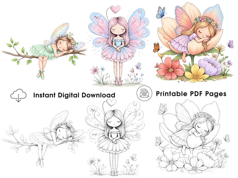 May include: A collection of six fairy illustrations featuring three colored designs and three matching black and white line art versions for coloring. The images depict fairies with wings, flowers, and branches. Text includes Instant Digital Download and Printable PDF Pages.
