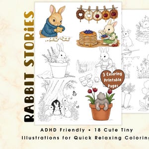 Op de afbeelding: Een verzameling kleurplaten getiteld Rabbit Stories met 18 illustraties van konijnen in verschillende omgevingen, waaronder een konijn in een blauwe trui, een konijn met pannenkoeken en een konijn in een bloempot, met een hartvormig label 3 Coloring Printable Pages.