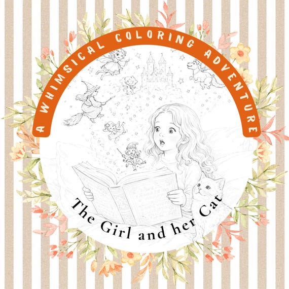 Magical Coloring Pages – Girl and Her Cat | Cozy Story Coloring Book | Printable Black & White Illustrations