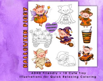 Coloriages de cochons d'Halloween, mini-livre de coloriage pour adultes et enfants, adapté aux personnes atteintes de TDAH, 18 petites illustrations, animaux mignons, PDF à imprimer