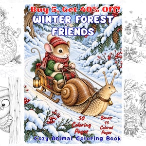 Pode incluir: Um livro de colorir digital intitulado Winter Forest Friends com uma ilustração central de um rato com gorro vermelho e casaco verde num trenó de madeira puxado por um caracol num cenário nevado, rodeado por quatro esboços a preto e branco.