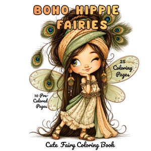Boho Hippie Fairies Coloring Book for Adults & Kids, 25 Printable Cute Fairy Coloring Pages, 10 Bonus Pre-Colored Pages, Instant Download