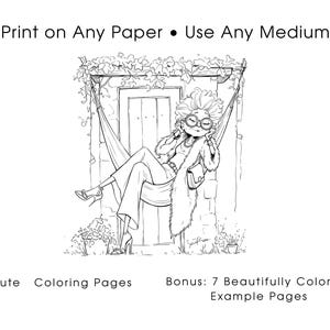 May include: Black and white line art illustration of a person relaxing in a hammock. The image includes the text "Print on Any Paper &bull; Use Any Medium", "27 Cute Coloring Pages", and "Bonus: 7 Beautifully Colored Example Pages".