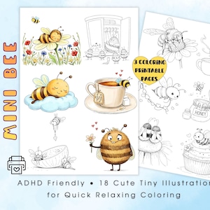 Puede incluir: Un conjunto de páginas para colorear imprimibles con ilustraciones de abejas. Las imágenes incluyen abejas con flores, comida y otros objetos. El texto en la página dice "MINI BEE", "3 COLORING PRINTABLE PAGES", "ADHD Friendly" y "18 Cute Tiny Illustrations for Quick Relaxing Coloring."