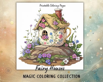 20 Fairy Houses Coloring Pages – Whimsical Fantasy Cottage Coloring Book for Adults & Teens, for Relaxing, Printable PDF, Instant Download