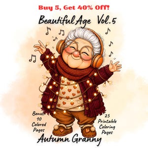 Op de afbeelding: Een digitale illustratie van een ouder persoon met wit haar, een oranje koptelefoon, een donkerrood vest en een shirt met hartjespatroon, omwikkeld met lichtsnoeren. Tekst: Buy 5, Get 40% Off! Beautiful Age Vol. 5, Bonus: 10 Colored Pages, 25 Printable Coloring Pages, Autumn Granny.