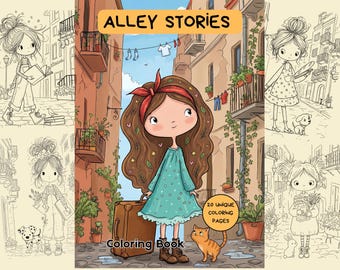 May include: A coloring book titled ALLEY STORIES featuring a central illustration of a girl with long brown hair, a red headband, and a teal polka-dot dress standing in an alleyway with a brown suitcase and an orange cat. Includes 20 unique coloring pages.