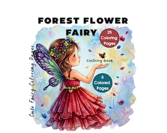 Whimsical Forest Flower Fairy Coloring Pages, 25 Printable PDF Coloring Book, Cute & Whimsical Fairy, Relaxing Coloring for Kids and Adults