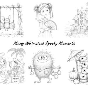 Peut inclure: Une collection de six illustrations en noir et blanc intitul&eacute;e Many Whimsical Spooky Moments. Les images montrent une chauve-souris sur une balan&ccedil;oire, une fille avec un &eacute;ventail, une maison hant&eacute;e, une personne et un squelette sur une plage, une cr&eacute;ature poilue et une boisson avec des gla&ccedil;ons en forme d'yeux.