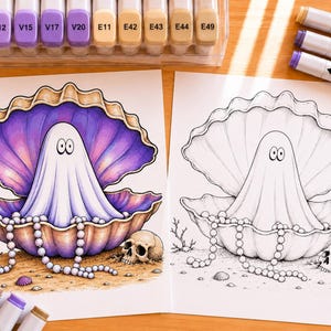 Peut inclure: Deux pages de coloriage repr&eacute;sentant un fant&ocirc;me assis dans un coquillage ouvert avec un collier de perles et un cr&acirc;ne. Une page est enti&egrave;rement color&eacute;e dans des tons de violet, beige et blanc, tandis que l'autre est une version en noir et blanc.
