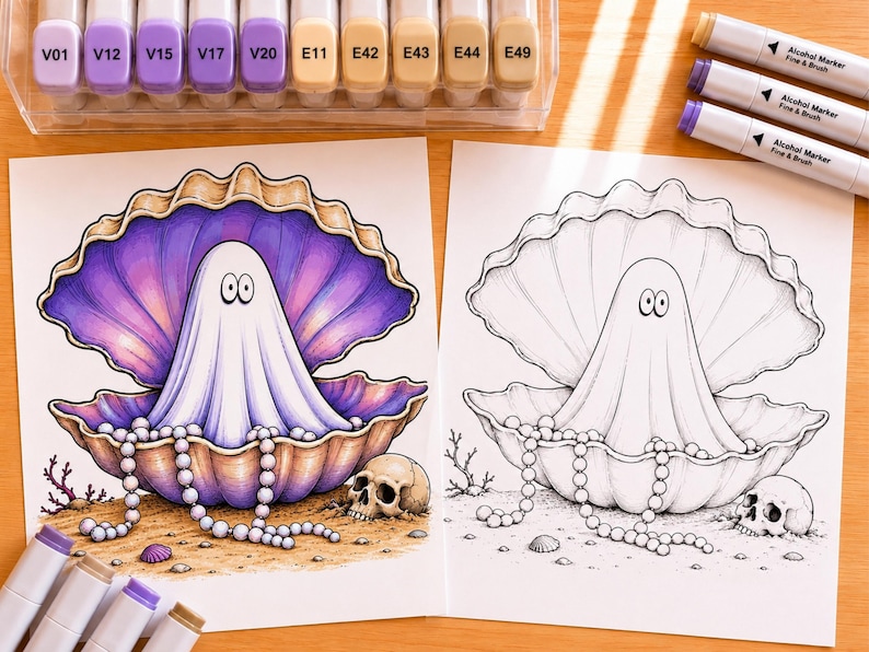 Peut inclure: Deux pages de coloriage repr&eacute;sentant un fant&ocirc;me assis dans un coquillage ouvert avec un collier de perles et un cr&acirc;ne. Une page est enti&egrave;rement color&eacute;e dans des tons de violet, beige et blanc, tandis que l'autre est une version en noir et blanc.