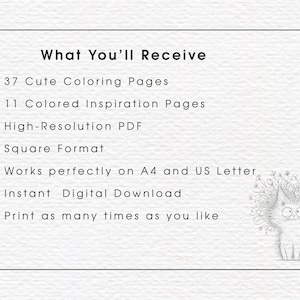 Peut inclure: Une liste de t&eacute;l&eacute;chargement num&eacute;rique avec le texte What You'll Receive, 37 Cute Coloring Pages, 11 Colored Inspiration Pages, High-Resolution PDF, Square Format, Works perfectly on A4 and US Letter, Instant Digital Download, Print as many times as you like, et un dessin au trait noir et blanc d'un chat avec des fleurs.