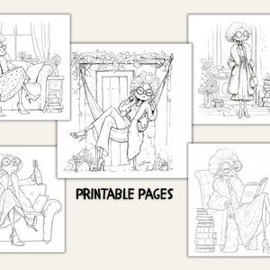 May include: A collection of black and white printable pages featuring illustrations of a stylish character in various poses. The character is depicted in different settings, including relaxing on a sofa, in a hammock, and reading a book. The text "PRINTABLE PAGES" is also visible.