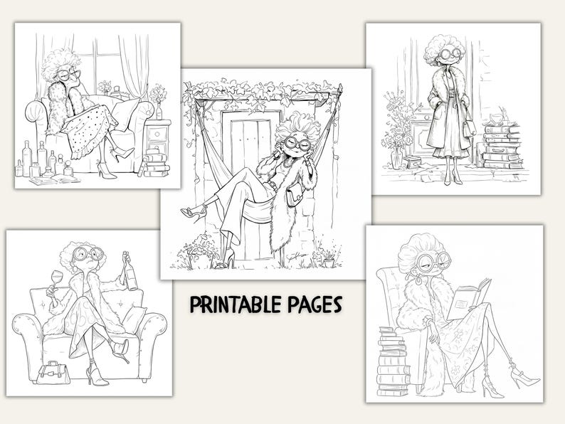 May include: A collection of black and white printable pages featuring illustrations of a stylish character in various poses. The character is depicted in different settings, including relaxing on a sofa, in a hammock, and reading a book. The text "PRINTABLE PAGES" is also visible.