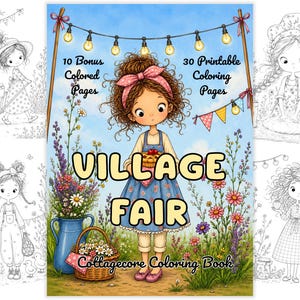 Puede incluir: Una portada de libro para colorear digital titulada Village Fair Cottagecore Coloring Book con una ilustración central de un niño sosteniendo un pastel en un campo de flores con luces de cadena arriba, incluyendo 10 páginas a color extra y 30 páginas para colorear.