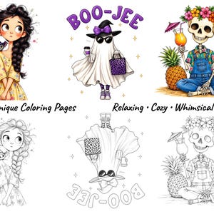 Peut inclure: Une collection num&eacute;rique de 37 pages &agrave; colorier pr&eacute;sentant trois personnages distincts : une fille avec une tresse et une chauve-souris, un fant&ocirc;me avec des lunettes et un sac l&eacute;opard violet marqu&eacute; BOO-JEE, et un squelette avec une couronne de fleurs.